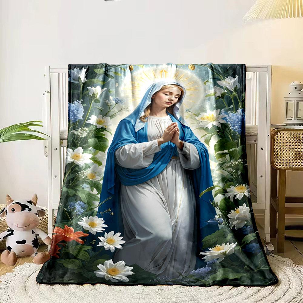 Virgin Mary Praying Floral Blanket Printed Blanket for Living Room Bed Couch Lunch Break Soft Cozy Blanket for Friend's Festival Gift