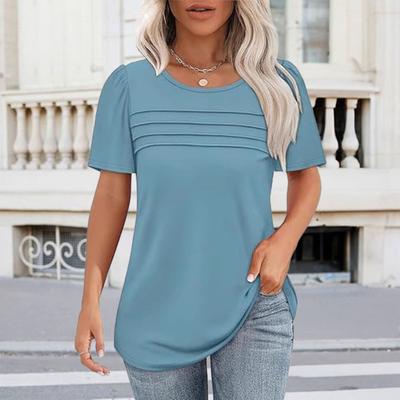 Damski letni T-shirt z okrągłym dekoltem i krótkim rękawem, jednolity kolor, tekstura w linie, luźny krój, wkładany przez głowę, do noszenia na co dzień