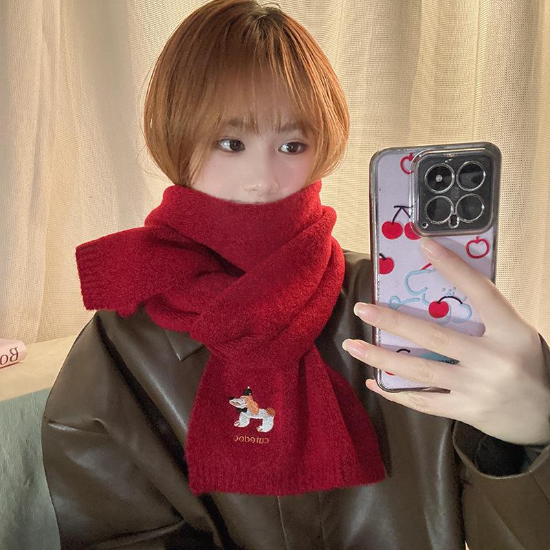 Falling Pool Knitwear: Women's Cute Puppy Embroidered Winter Scarf - Warm, Versatile Cartoon Neck Warmer