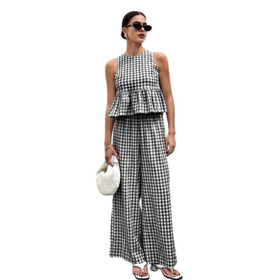 

Женский топ-майка и брюки Комплект из двух предметов Летний Клетка Без рукавов Оборки Футболка Широкие брюки Свободные Повседневный О-образный вырез Рубашка Эластичная талия Брюки XL чёрный