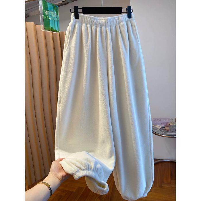 Women s Plus Size Yellow Velvet Sweatpants with Elastic Waist M (suitable for 80-110 jin)