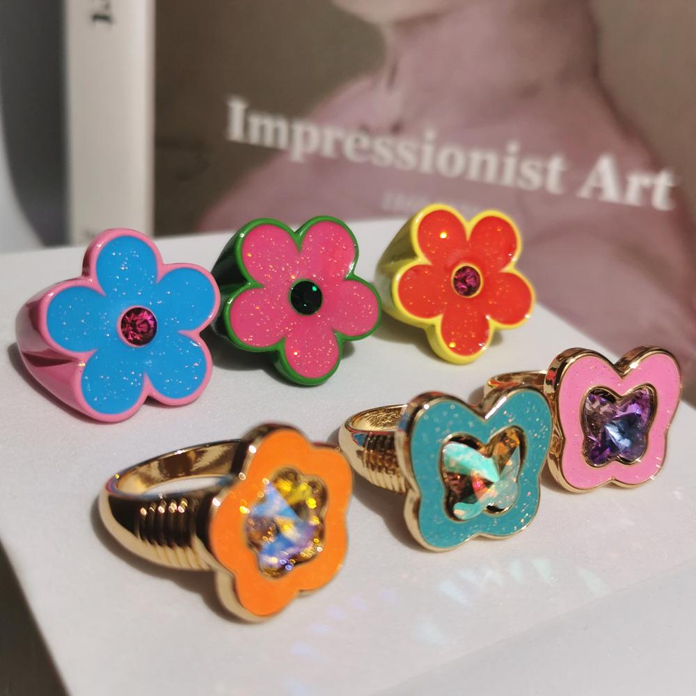 Colorful Glitter Enamel Flower Rings Y2K Fashion Floral Big Chunky Cocktail Ring for Women Girls Party Jewelry Ins Trendy New