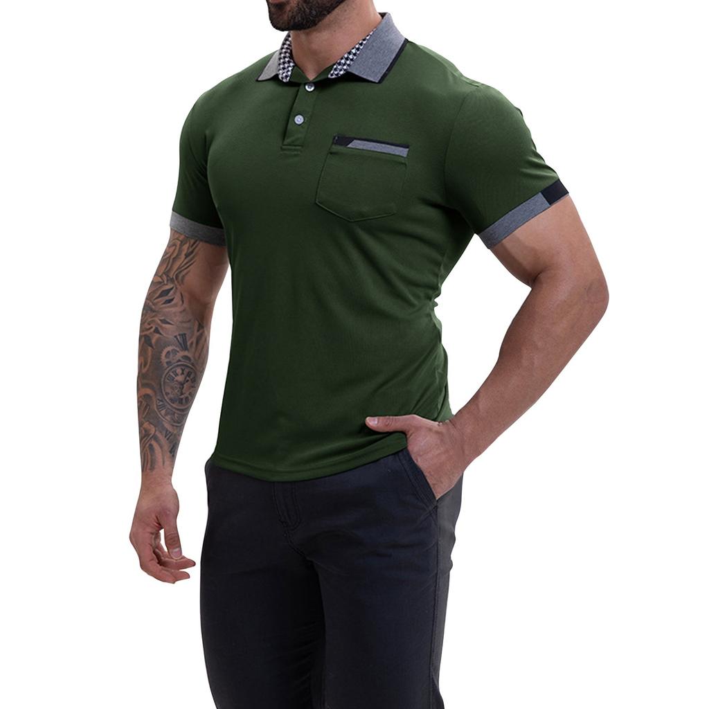 Men's Solid Color Button Pocket Lapel Short Sleeve Top Men's Casual Fashion Shirt