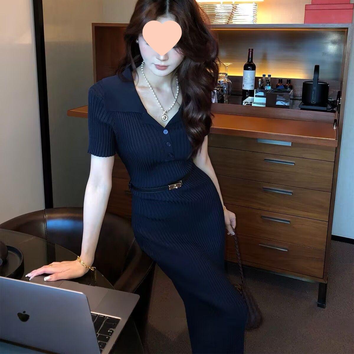 

Элегантное летнее платье макси в рубчик с французским воротником, облегающее бедра XL (Recommended 118-135) темно-синий