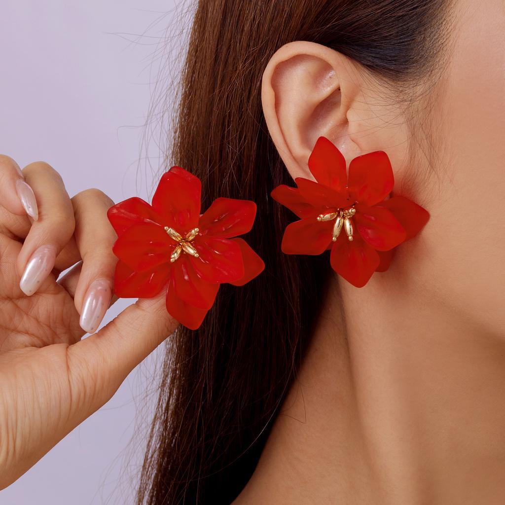 Dainty 3D Large Colorful Petal Stud Earrings for Women Girl Hyperbole Acrylic Flower Charm Earrings Party Aesthetic Zircon Gift