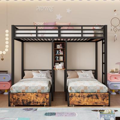 Bunk Bed Children's Bed 90x200/140x200cm 3 Children Loft Bed Metal Fall Protection 2 Drawers Shelves Slatted Frame Black Without Mattress
