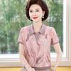 Mid-aged Mom Summer Ice Silk Short-Sleeve Lapel Top - Stylish & Loose for Middle-Aged Women