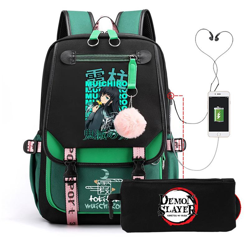 Two-dimensional peripheral day man ghost extinguishing backpack pencil bag large capacity student leisure schoolbag with USB port