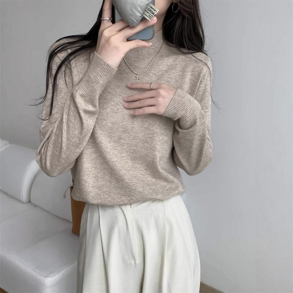Solid Color Semi-turtleneck Knitted Bottoming Shirt Women's New Sweater Loose Andy Fleece Warm Inner Top