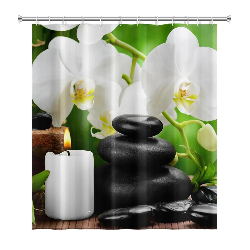 Zen Shower Curtains Spa Lotus Japanese Meditation Basalt Stones Herbal Oil Scent Candles Bamboo Water Home Bathroom Decor Hooks