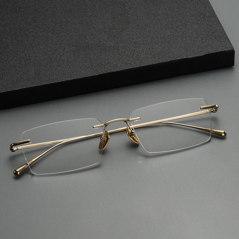 Pure Titanium Men's Square Rimless Myopia Glasses with Vacuum IP Electroplating