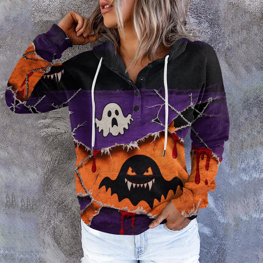 Women's Casual Round Neck Long Sleeved Top With Shattered Halloween Print Hooded Sweatshirt
