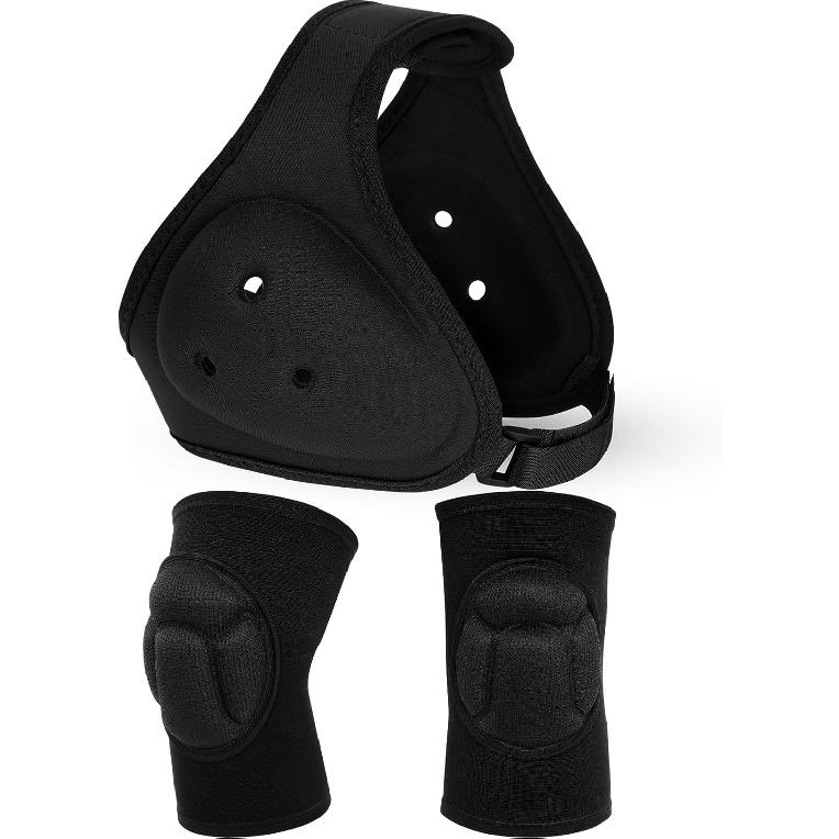 Wrestling Headgear Knee Pads Set for Kids Youth, Thick Sponge Anti Slip Knee Sleeve, Adjustable Wrestling Ear Guard Protective for Sparring Brazilian