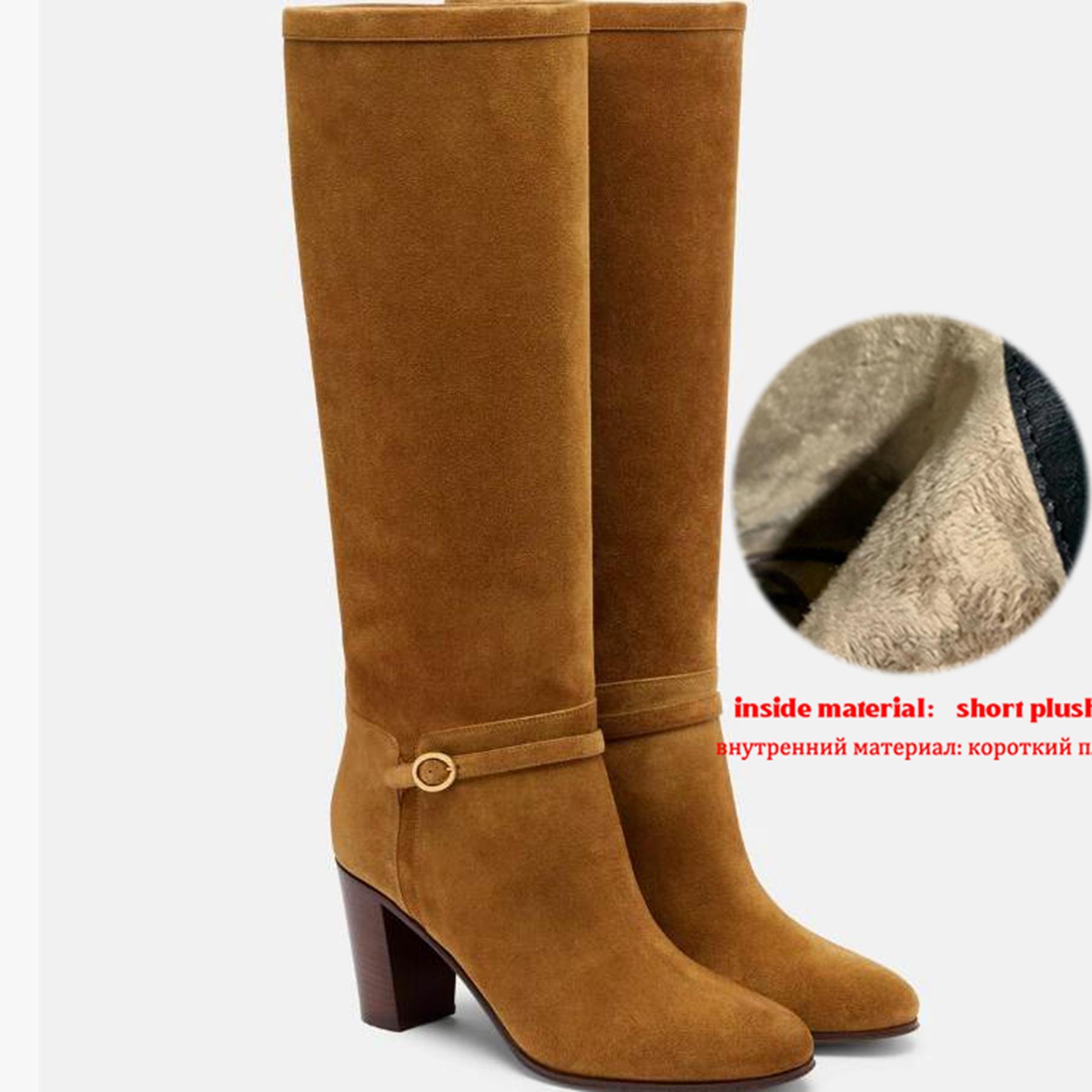 

Krazing Pot Cow Split Skin Round Toe thick high Heels Knight Boots Size 46 Size 45 Slip on Plus Size Women Metal Buckle Thigh High Boots 39