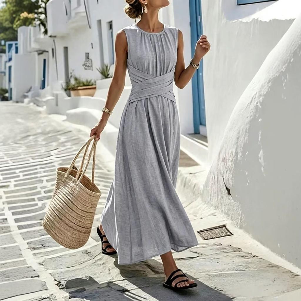 European and American women's sleeveless cross-waist pleated dress Tencel hemp blended minimalist dress