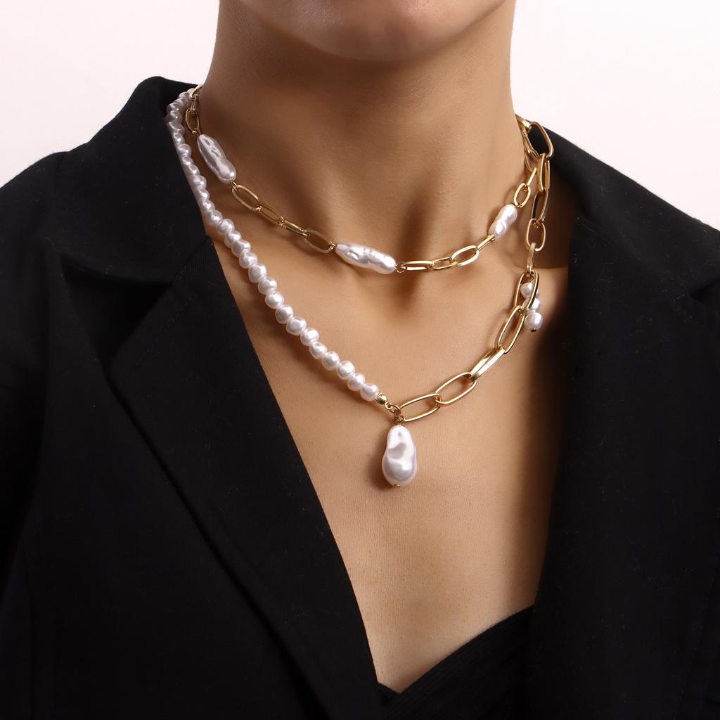 European and American Fashion, Simple Pearl Splicing Chain Necklace, Double-layer Women's Necklace Stacked with Wind Alloy Necklace