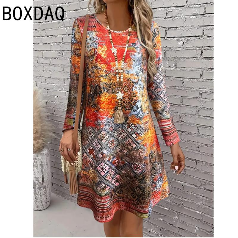 Large Size Women Casual Dress Autumn Long Sleeve O-neck Loose Mini Dress 3D Vintage Gradient Multi Color Printed A-Line Dress