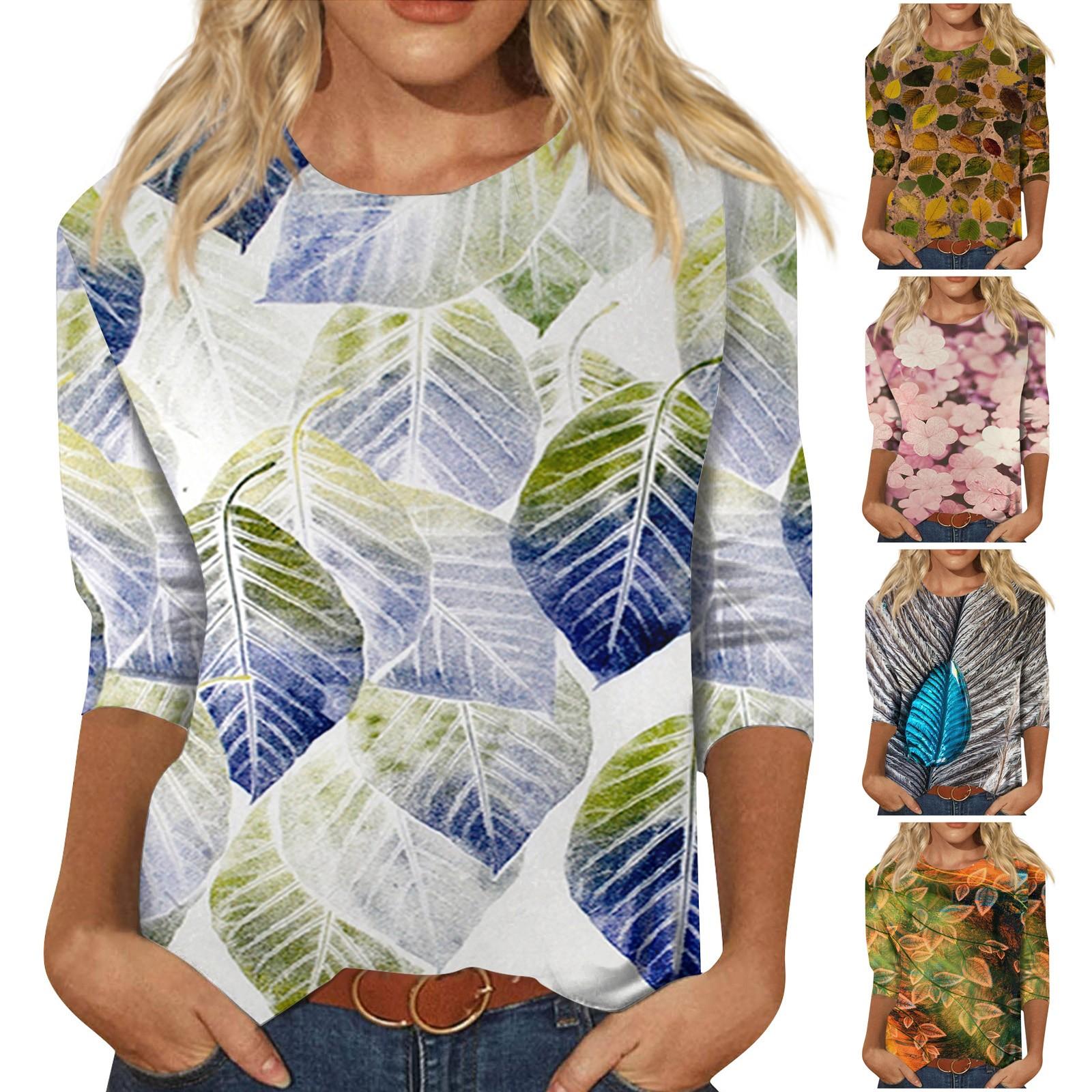 

Women s Fashion Casual Three-quarter Sleeve Floral Print Round Neck Top
