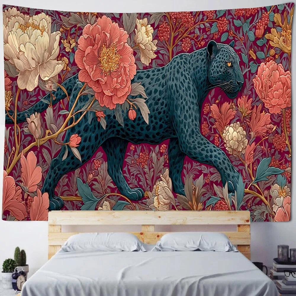 European Cheetah Art Tapesty Flower Tropical Plant Fabric Wall Hanging Home Dormitory Bedside Decorative Tapestry