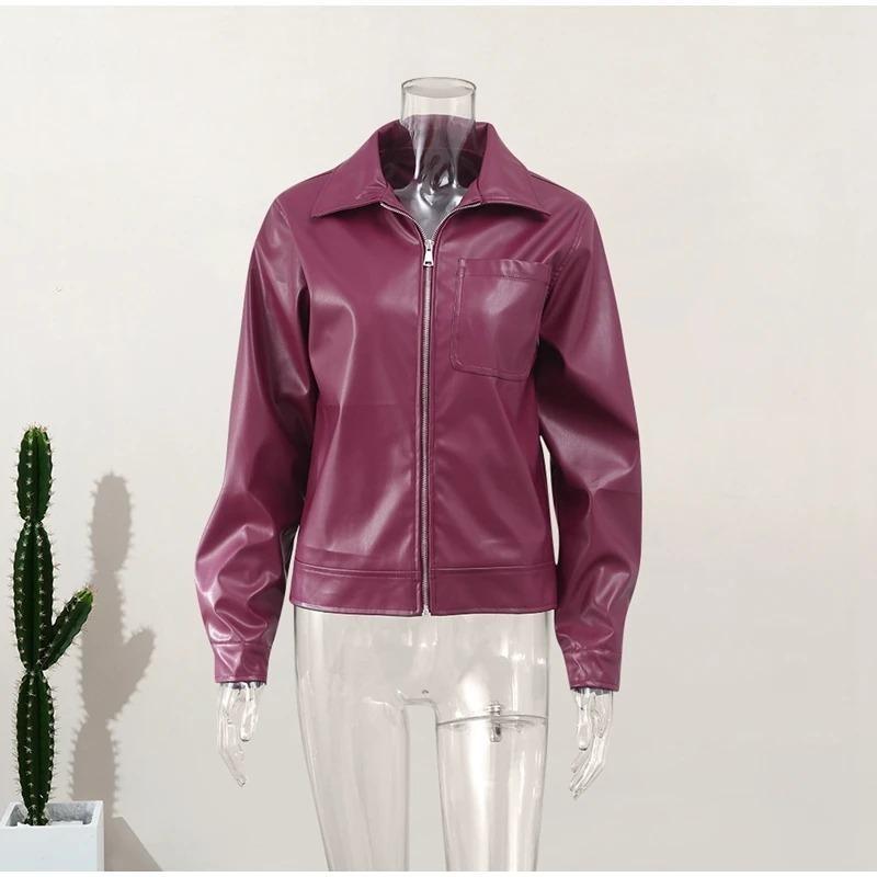 Lässige Burgunderjacke mit Revers, Reißverschluss, Einzeltasche, Mantel, Frühling und Herbst, lockerer Motorrad-Vintage-Mantel, Damen-Stil, Oberteil