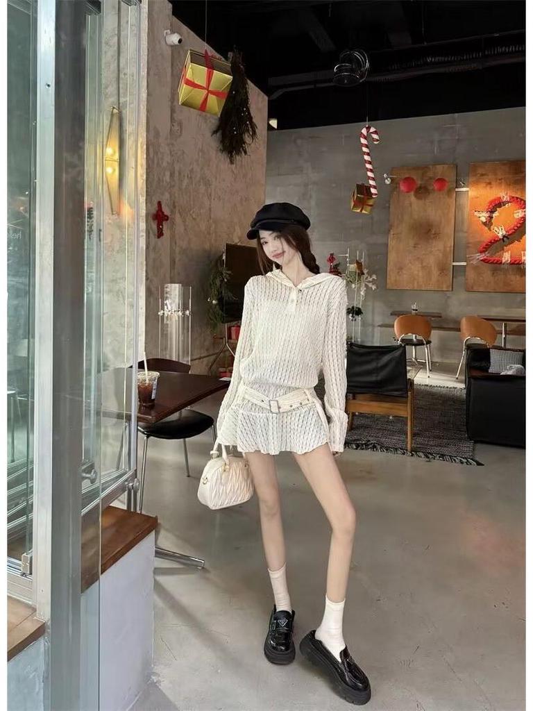 Korean Lace Ruffle Hooded Sweatshirt Dress - Sheer Long Sleeve, Spring 2026