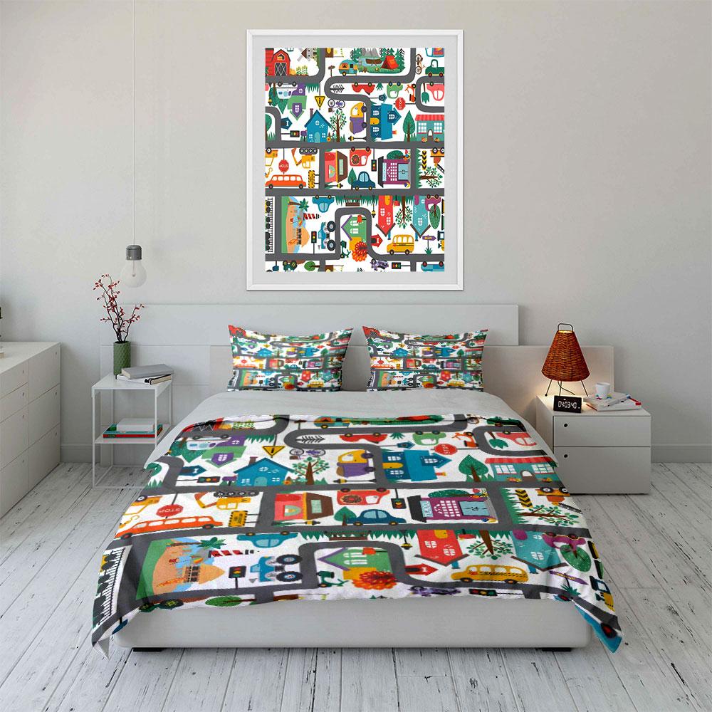Colorful Road Playmat Set Soft Skin-Friendly Bedding Set Includes 1 Duvet Cover And 2 Pillowcase Gift