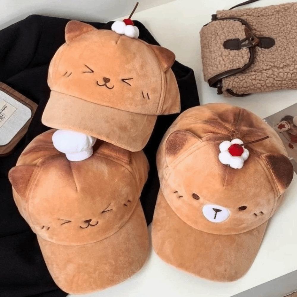 Plush Sweet Bear Sun Protection Cap Cute Cartoon Cat Duckbill Cap Cherry Baseball Cap Women