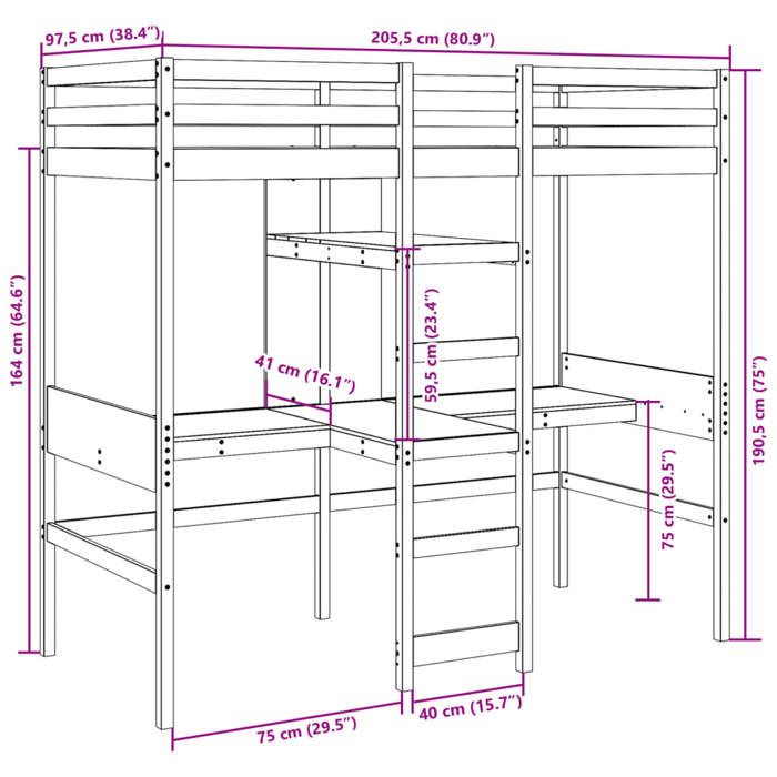 VidaXL Mezzanine Bed with Desk and Shelves Wax Brown 90x200 Cm Pine, Mezzanine Bed Frame, Cabin Bed Frame, Frame 3308543