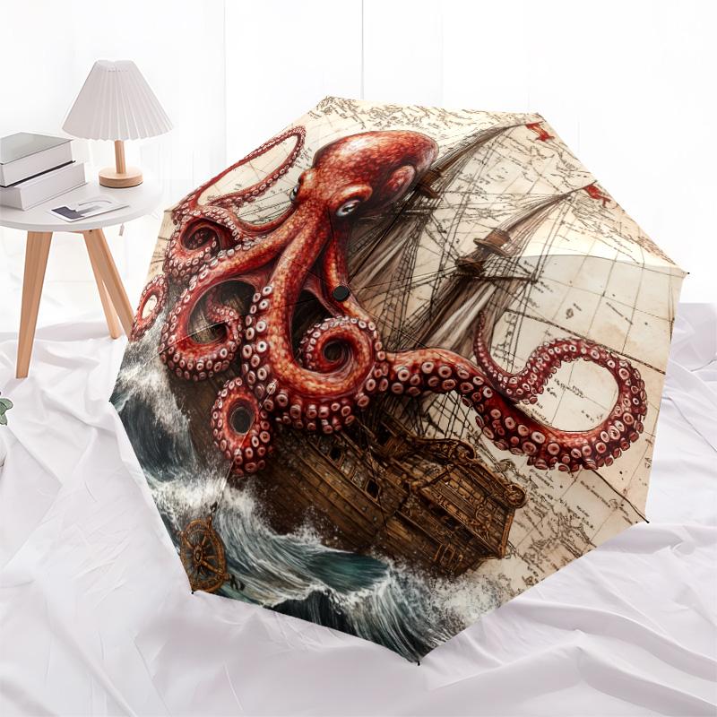 Ship Octopus pattern, automatic folding umbrella, portable and foldable design, 8 ribs, a Christmas or birthday gift.