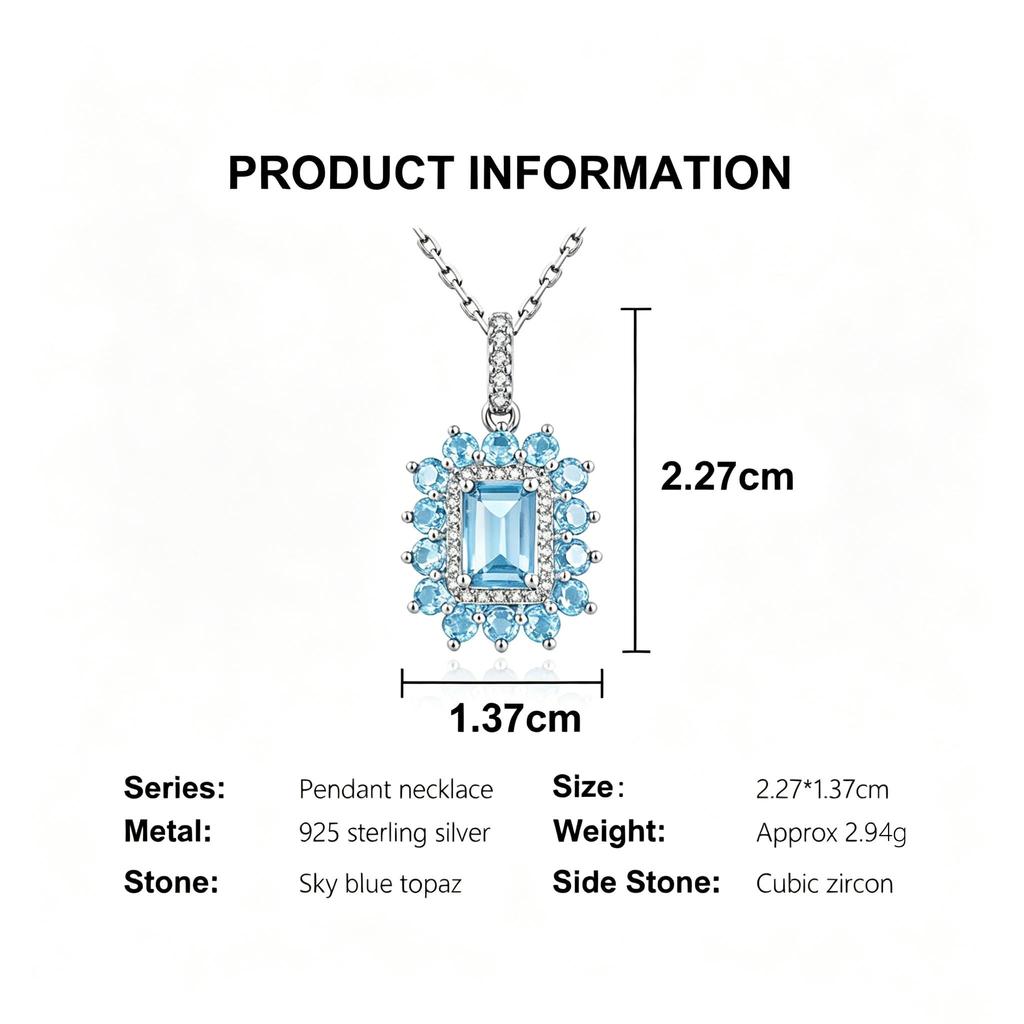 925 sterling silver necklace pendant natural Sky Blue Topaz elegant and noble for women anniversary & banquet & engagement gift
