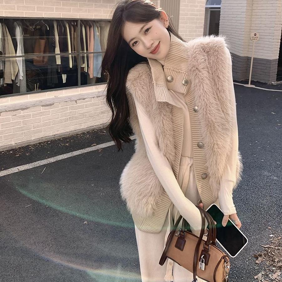 Korean Style Stand Collar Faux Fur Knit Sweater Women's Coat Autumn Winter New Style Loose Elegant Knit Cardigan