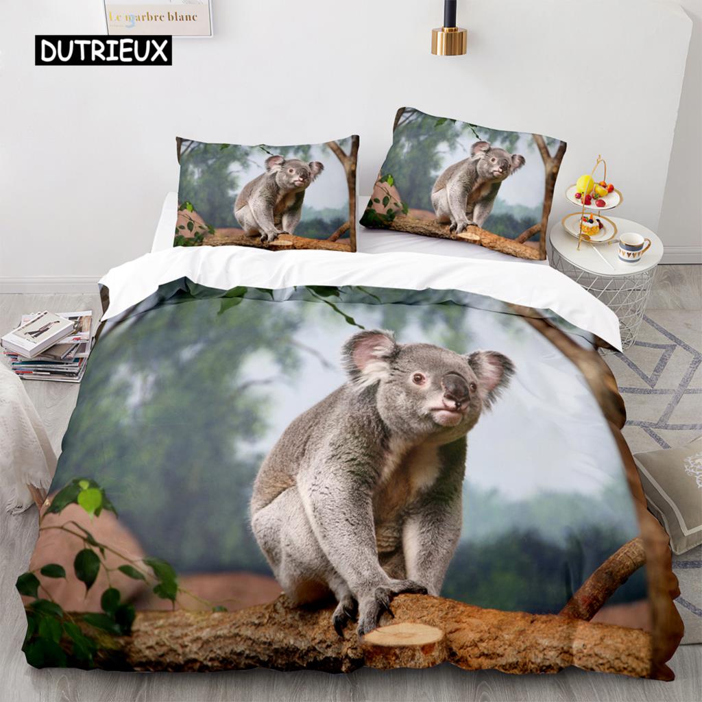 Koala Duvet Cover Set Microfiber Australia Animal Comforter Cover Queen for Kids Boy Girl Funny Lovely Koala On Tree Bedding Set