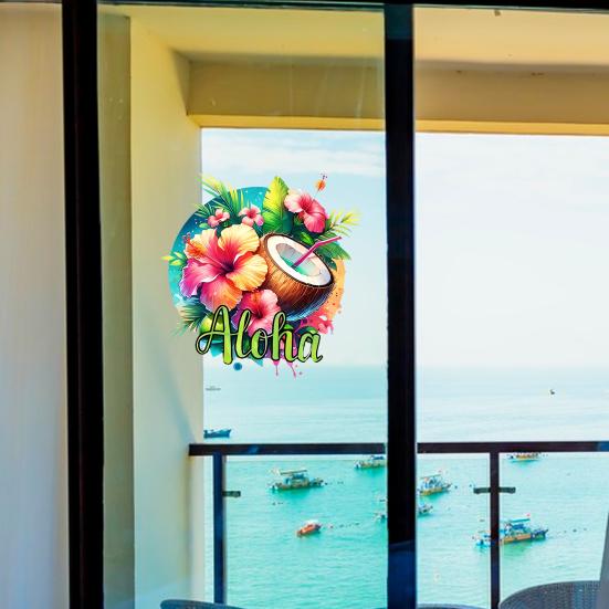 Summer Window Clings Tropical Hibiscus Flower Coconut Window Stickers Removable PVC Static Decal for Beach Vacation Hawaii Theme Home Kitchen