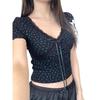 American slim-fit V-neck black floral short top women's summer new pure desire wind bm sweet and spicy front shoulder short-sleeved T-shirt