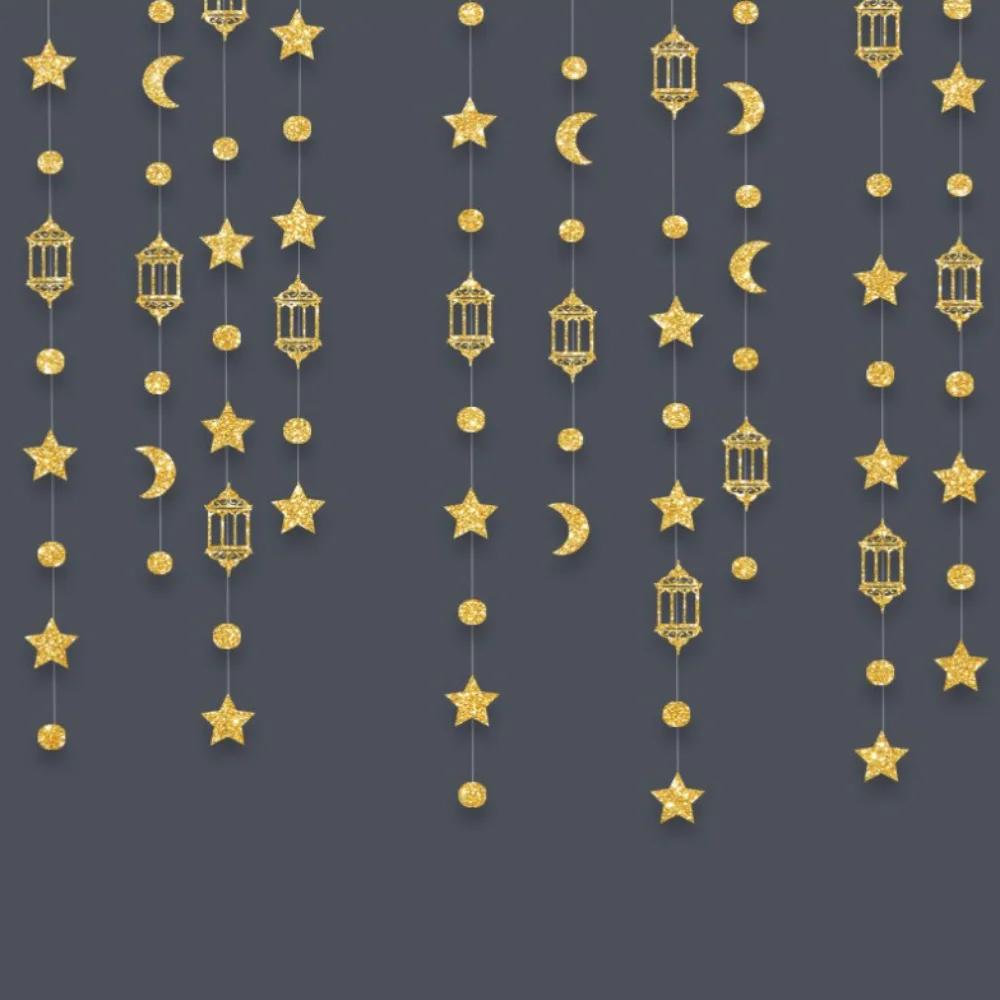 Gold Silver Eid Mubarak Banners Glitter Paper DIY Paper Star Moon Lantern Ceiling Hanging Pull Flag Hang Garland