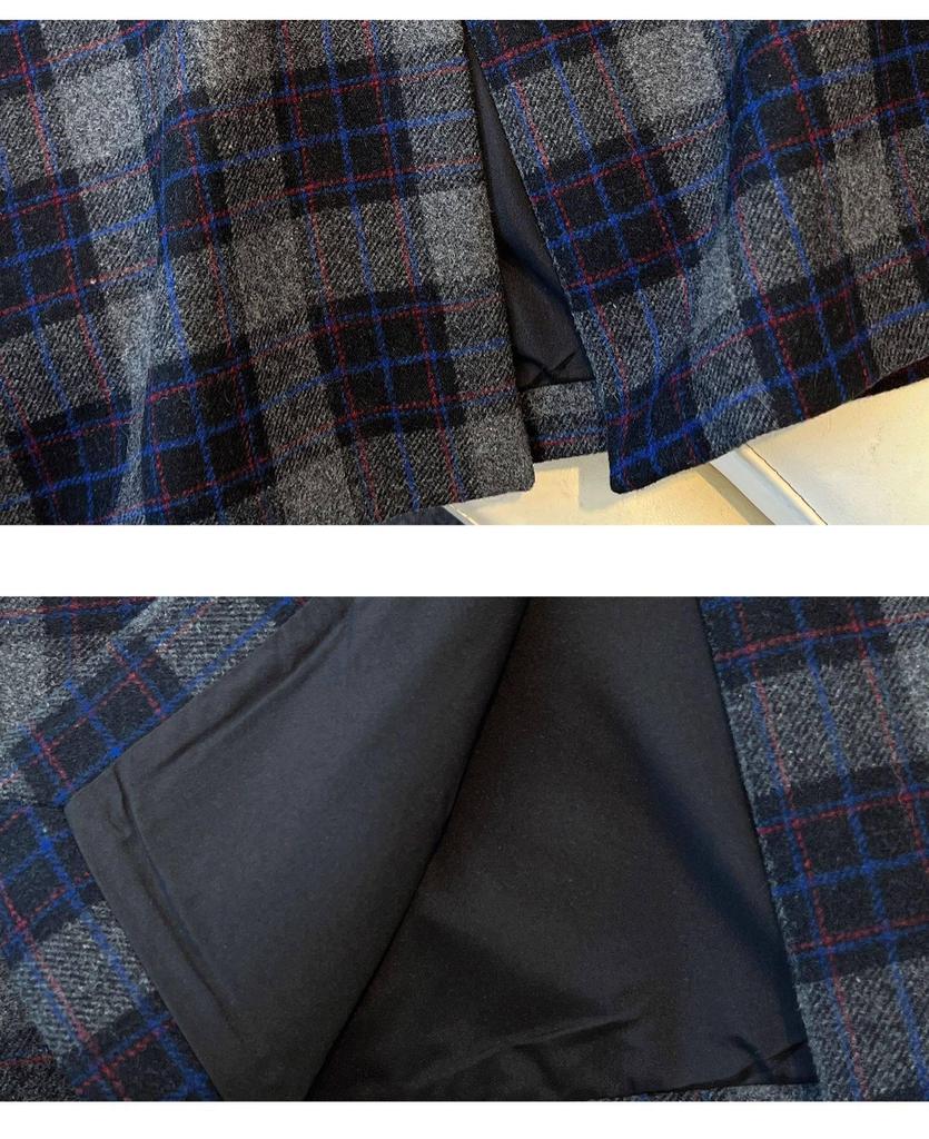 Women's Woolen Plaid High-Waisted A-Line Midi Skirt with Back Slit – 2025 Autumn/Winter Collection