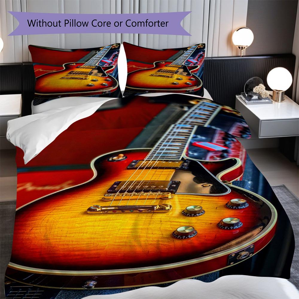 1PC Music, Guitar Theme Bedding Quilt Set Quilt Cover Pillowcase Home Decoration Birthday Gift (1 * Duvet Cover + 2 * Pillowcase, Without Core)