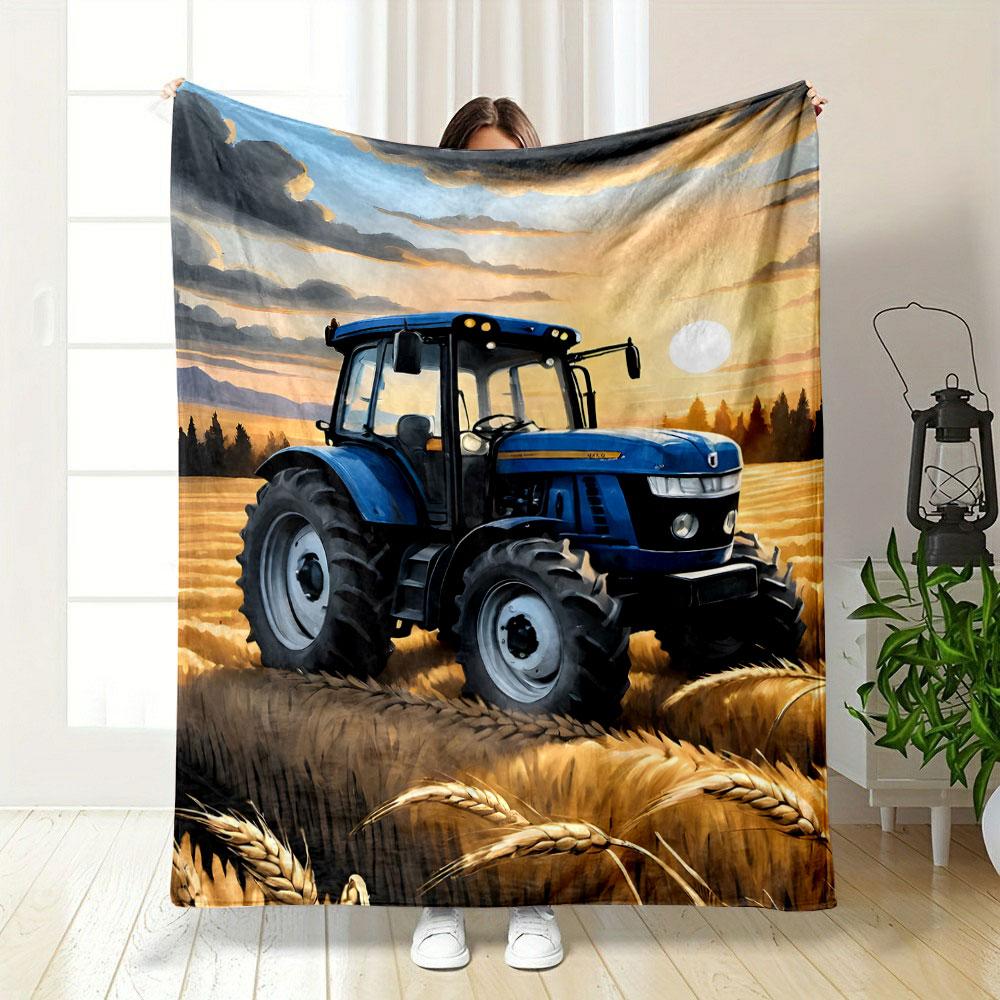 Blue Tractor In Golden Wheat Fields Patterned Blanket, Flannel, Suitable for All Seasons, Home Decor, Warm and Cozy