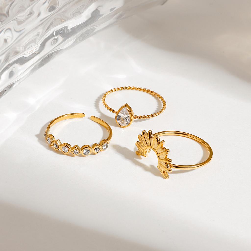  3pcs Hot Style 18K Gold Color PVD Ring Set Ribbed Sun Geometry Ring Stackable Women's Accessories Party