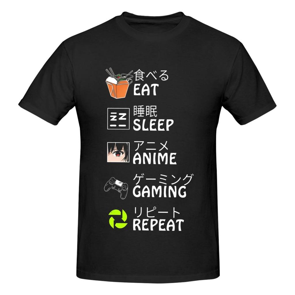 Unisex Eat Sleep Anime Gaming Repeat Funny T Shirt Vintage Cotton Crewneck Tshirts