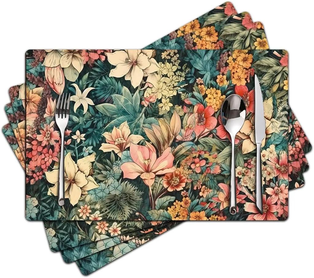 VIKAMA William Morris 'Strawberry Thief' Placemats Set of 4 Heat Resistant Washable Table Mats for Kitchen Dining Home Art Decor