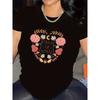 Womens Black White Floral Heart Tee In Love Rose Sunflower Laurel Wreath Print Round Neck Lightweight Polymer Soft Comfortable Fit Casual