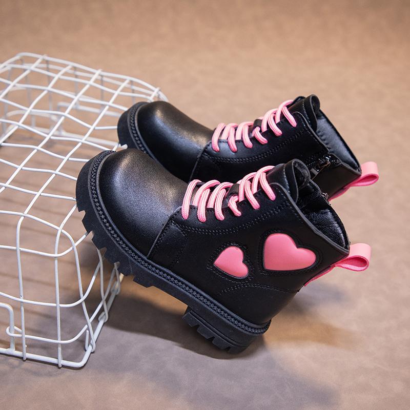 Girls Fashion Boots Kids Rubber Leather Boots Autumn and Winter Cotton Soft Sole Pink with Love Side Zip Children Princess Boots