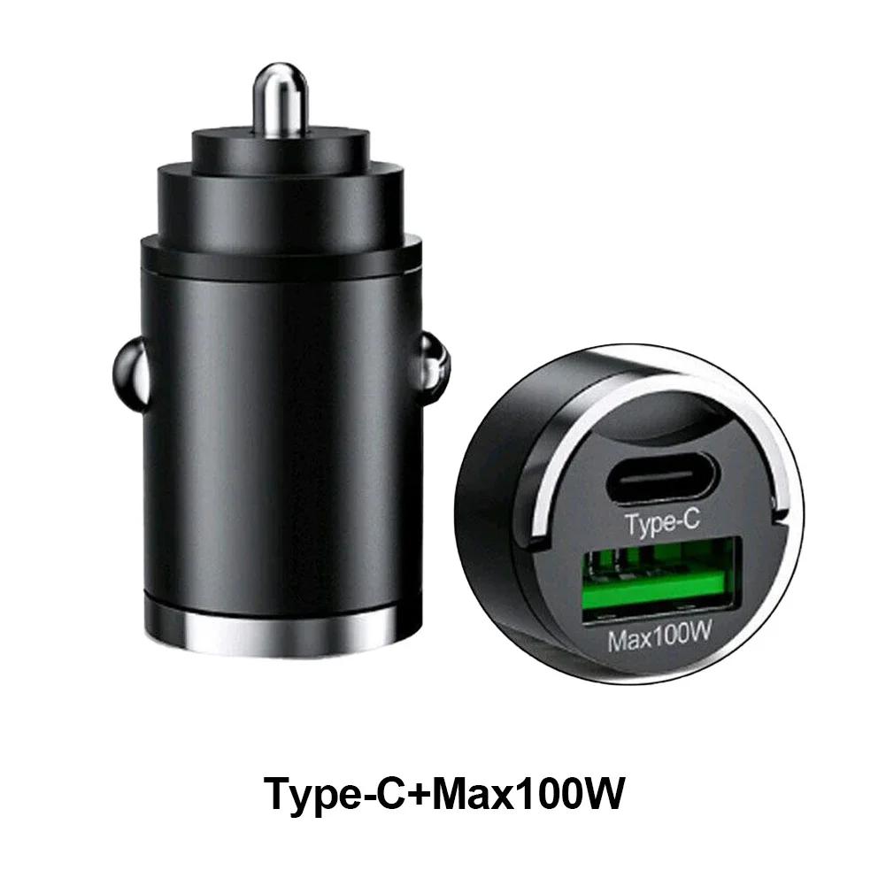 Mini 200w Car Charger Lighter Fast Charging 100w Pd Usb Type C Dual Ports Invisible Metal Charger For Xiaomi Samsung Huawei