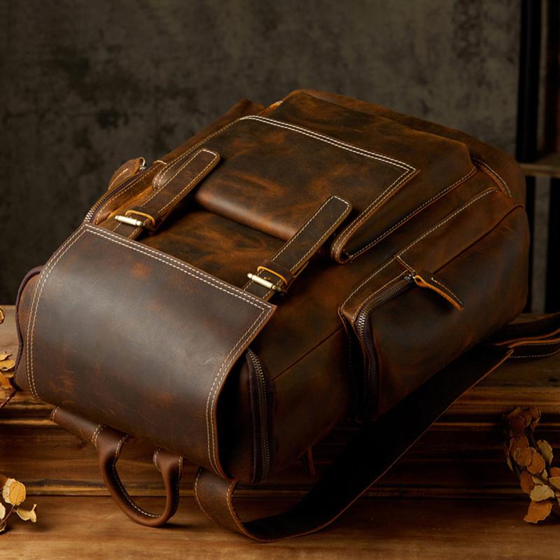 Genuine Leather Bag Handmade Cowhide Backpack Men's Large-capacity Motorcycle Men's Bag Cycling Travel Leather Bag Tide Brand Computer Backpack