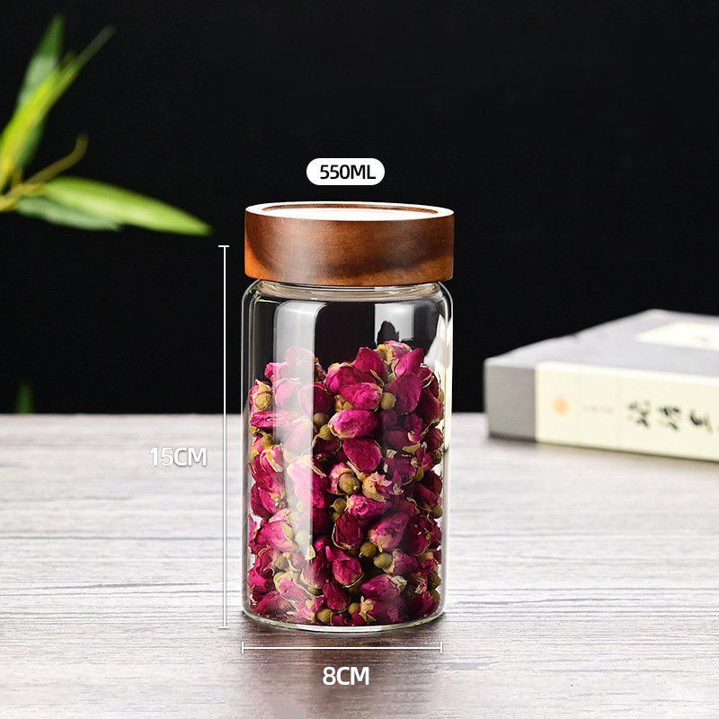 Coffee Bean Glass Sealed Jar Tea Coffee Powder Spice Sealed Storage Jar Acacia Wood Lid Glass Jar