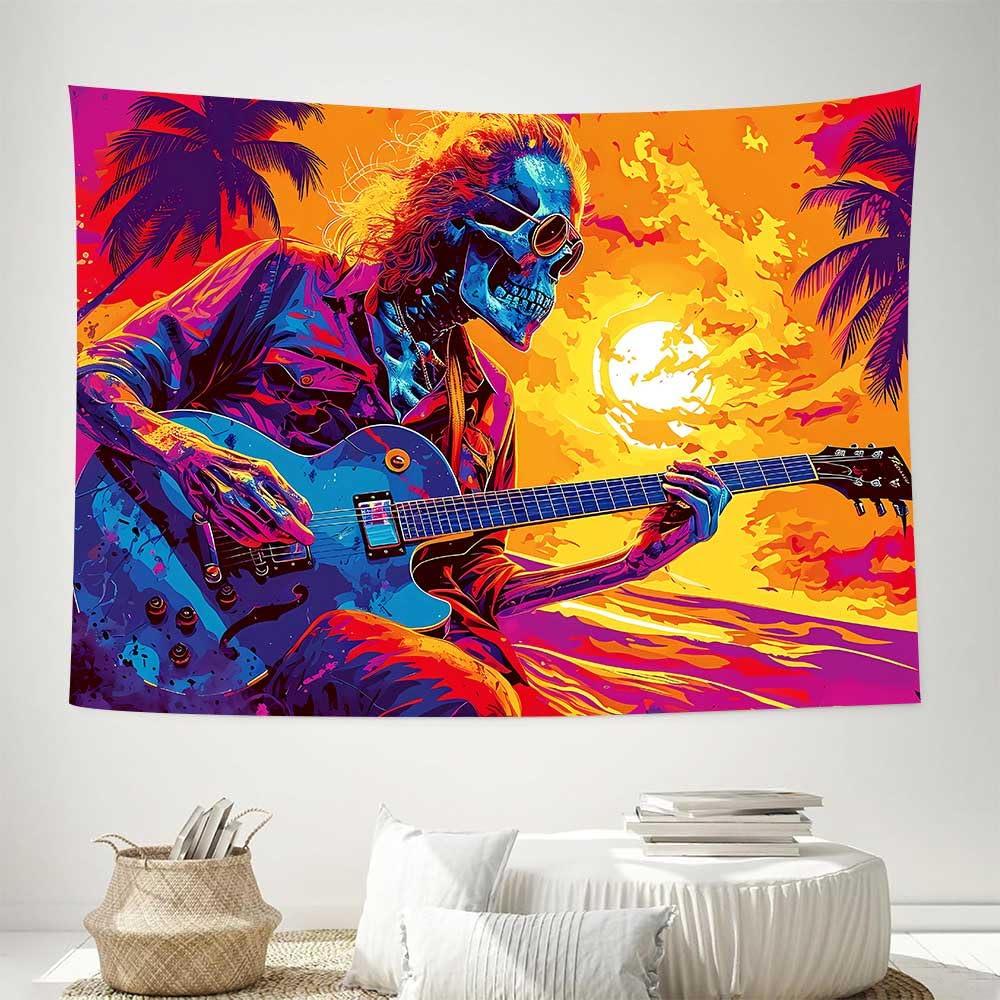 VIKAMA Rock Skull Guitarist Tapestry Music Room Art Wall Hanging Fabric Bedroom Dormitory Party Decoration Tapestry 74x94cm(29x37in)