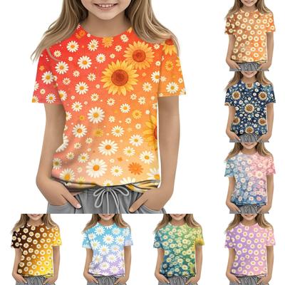 Kids Floral Print Short Sleeve T Shirt Casual Loose Fit Round Neck Top Lightweight Breathable Summer Tee for Boys and Girls