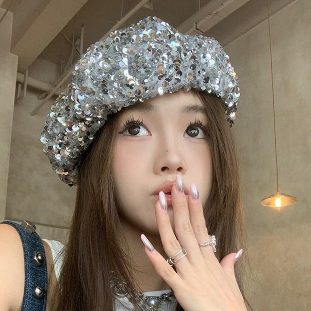 Everyday Retro Glitter Sequin Beret Trendy Casual Style Fashion Painter Hat Chic Design Sparkling Lady Octagonal Cap Daily