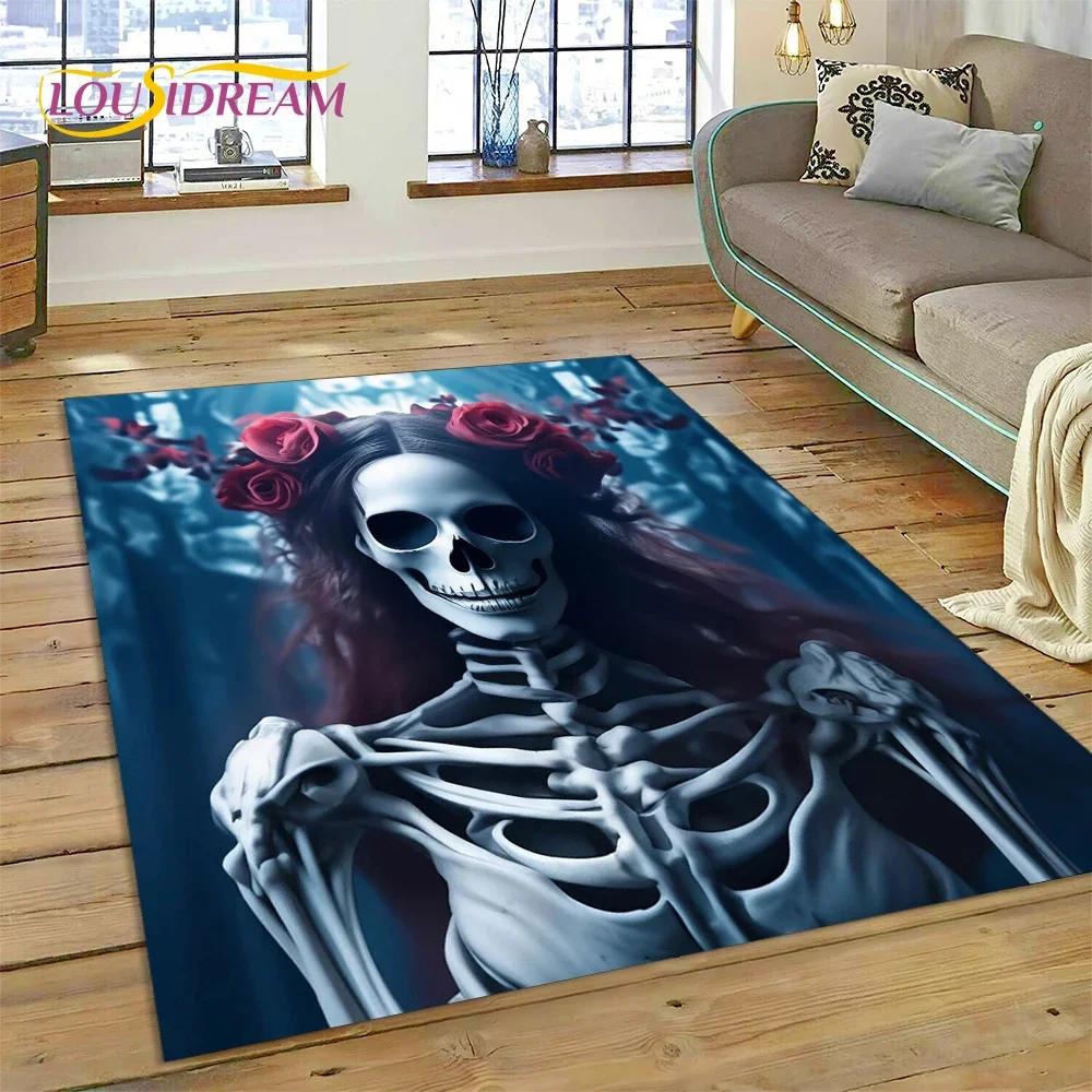 Totenkopf Totes Mädchen 3D Gothic Horror Weiblich Rose Teppich für Wohnzimmer Schlafzimmer Dekoration, Rutschfeste Dekoration für Sofa Fußmatte Geschenk